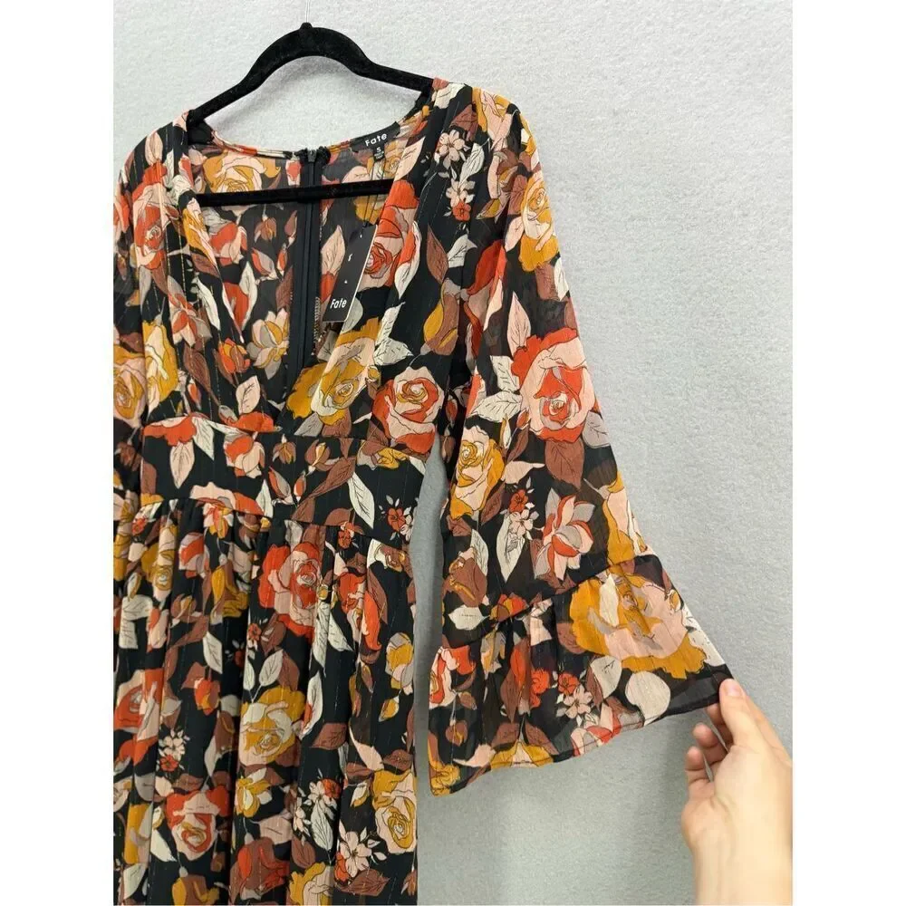 NWT Fate Womens Multicolor Floral Print Deep V-Neck Maxi Dress Size Small - Picture 7 of 12